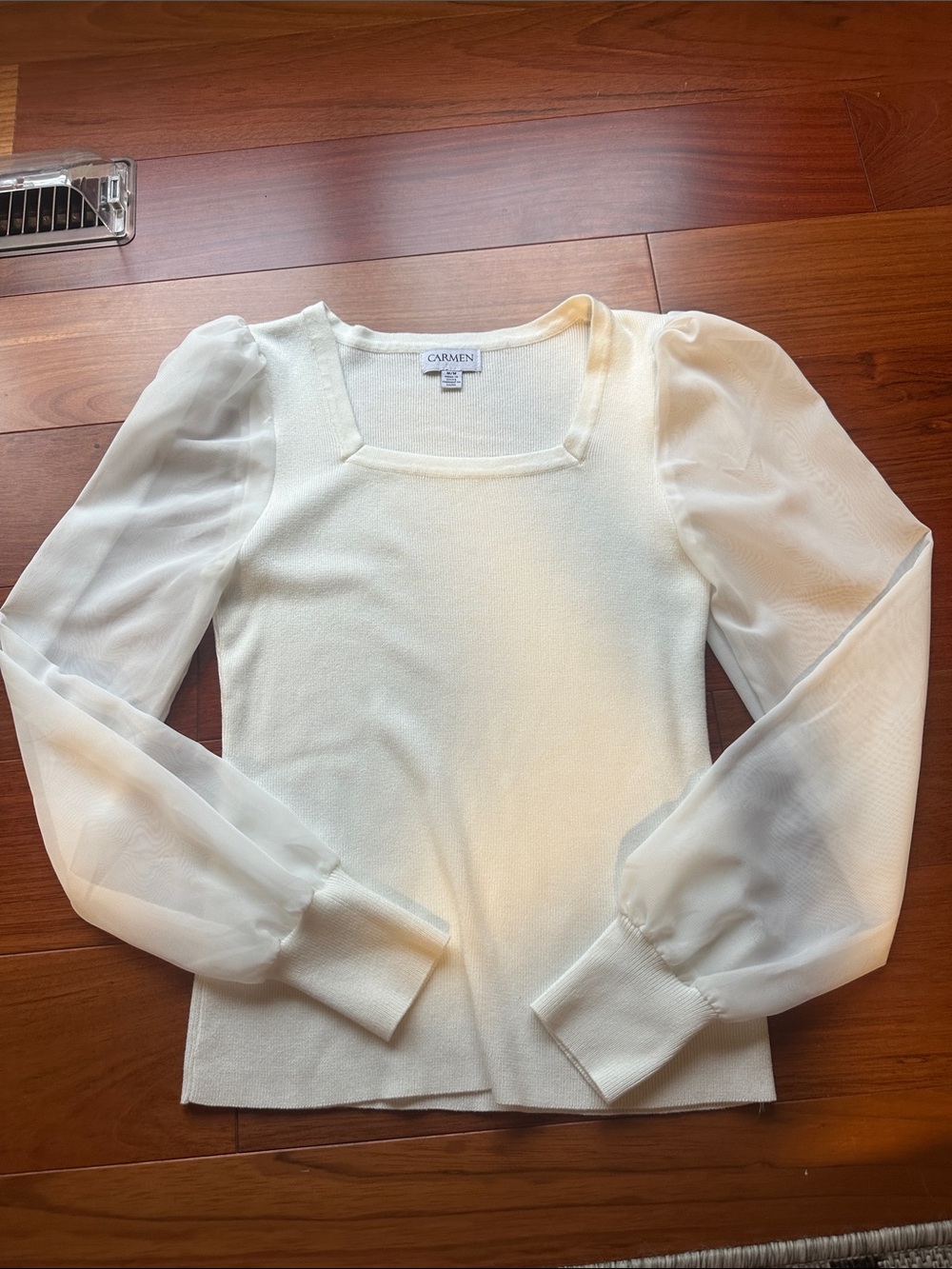 Carmen White Square-Neck Puff/mesh Sleeve Blouse